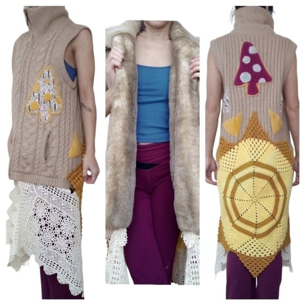 Vintage rabbit fur funky tan knit crochet mushroom sun hippy boho vest Womens M